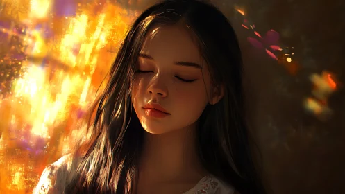 Girl with closed eyes absorbs warm golden afternoon light