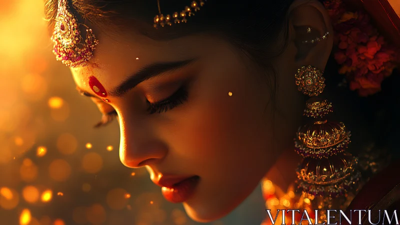Embers of devotion halo a jeweled bride’s serene profile.