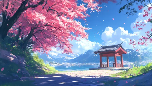 Springtime lakeside pavilion beneath drifting sakura petals.