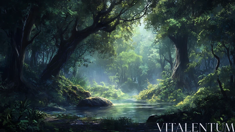 River flowing through dense forest canopy with filtered light penetration