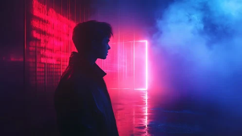 Silhouette watches neon portal in misty cyber corridor.