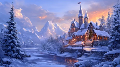 Snowlit riverside castle glowing like a winter hearthfire.