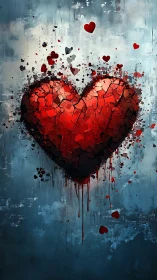 Geometric red heart form disintegrates against layered blue-gray textured background.