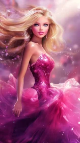 Blonde fashion doll in pink sequined gown on soft bokeh background.