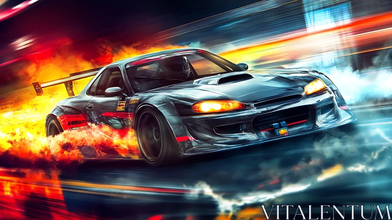 Modified race car drifts through neon city track at speed