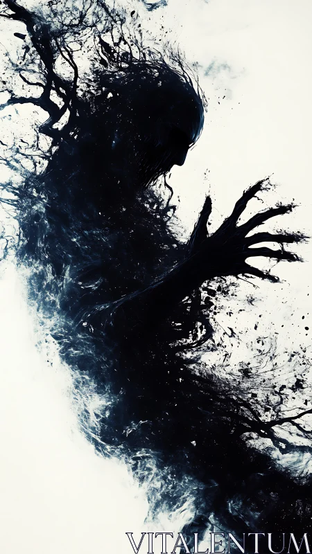 Shadow entity erupting in fluid ink abstraction on white.