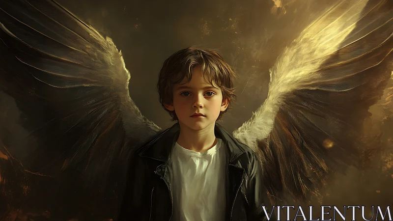 Angel-winged child stands in golden light, calm and resolute.