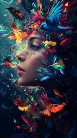 Neural chromatic portrait with avian particulate bloom dynamics.