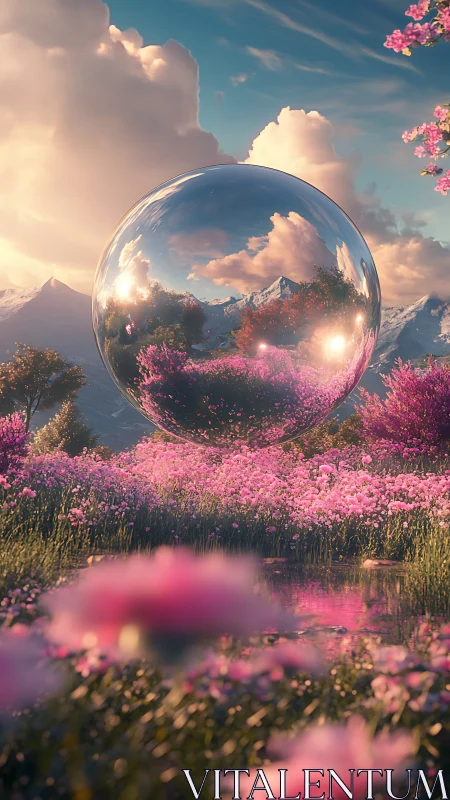 Mirror sphere hovers over dream-bright valley of pink blooms