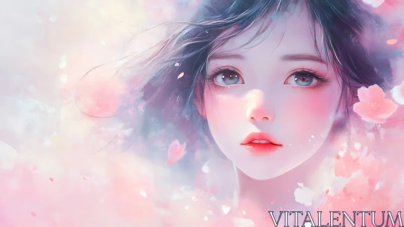 Digital portrait of young woman amid soft pink blossoms.