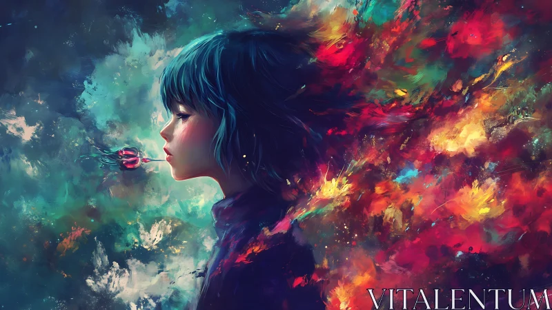 Side profile of figure amid dispersing multicolor paint cloud