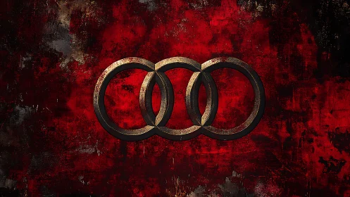 Metallic interlocking rings dominate distressed red backdrop