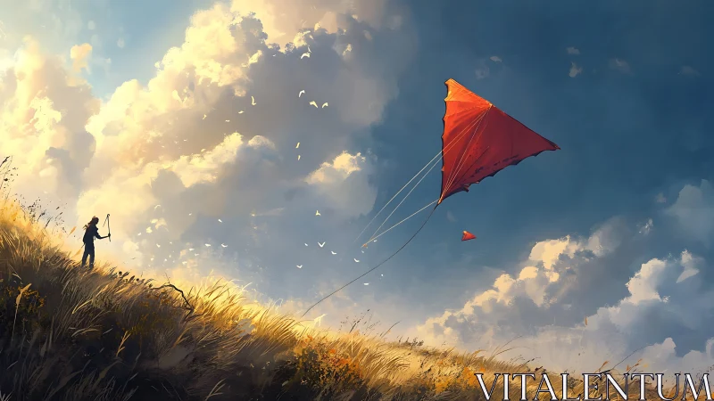 Crimson kite soaring above sunlit hillside field at dusk.