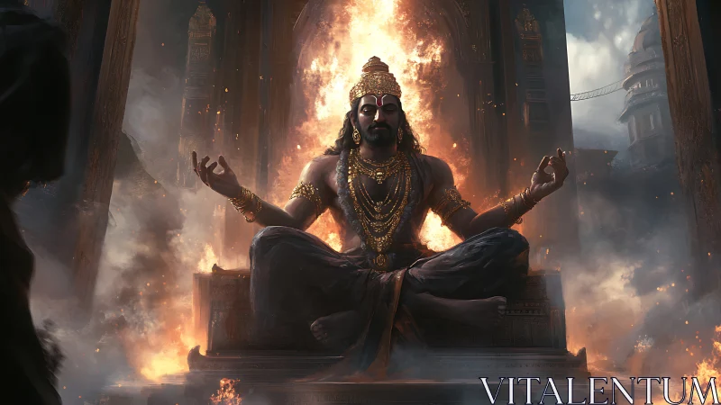 Digital painting of divine yogi amid infernal temple blaze.
