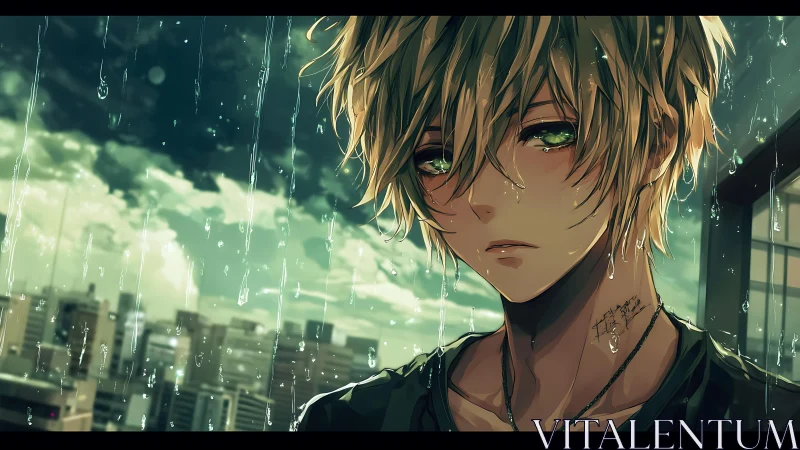 Melancholic blond anime boy in rain over cityscape.