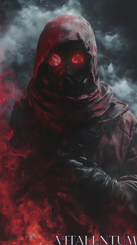 Hooded figure in gas mask with red smoke and glowing eyes.