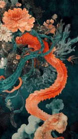 Coiling dragon among coral blooms in teal nightscape painting.