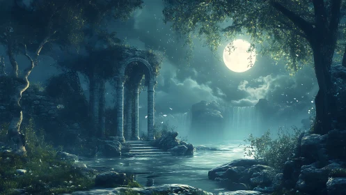 Luminescent moonlit ruins frame a mystical waterfall basin