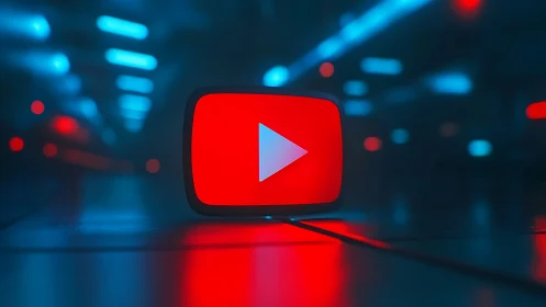 YouTube play icon in stylized neon-lit digital environment.