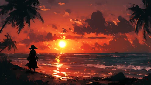 Woman watches vivid red sunset over tropical shoreline.