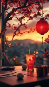 Sunset Serenity with Red Lantern and Blossoms