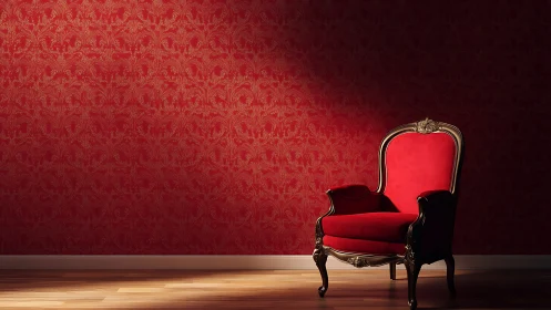 Red velvet armchair under spotlight in ornate interior.