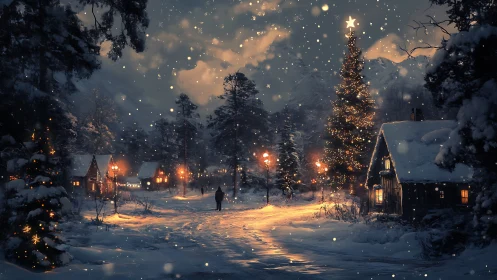 Snowlit cottage lane under a storybook Christmas sky.