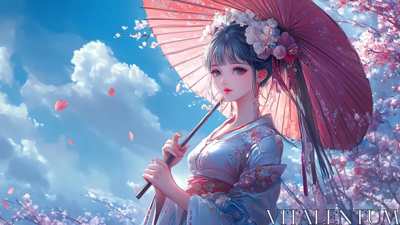 Anime woman in kimono with parasol under cherry blossoms.