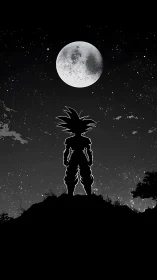 Silhouetted anime warrior under high-contrast lunar skyline.