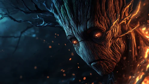 Ancient tree guardian gazes softly through glowing embers