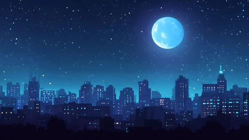 Digital night city skyline under luminous full moonscape.