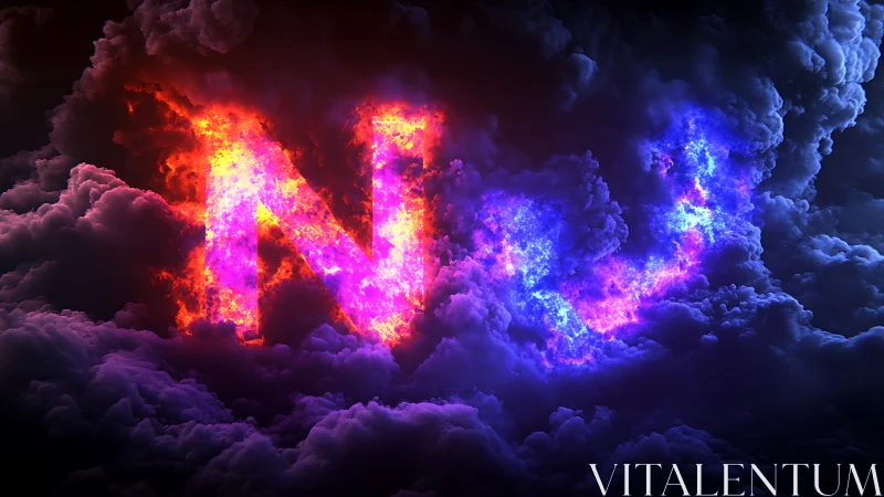 Neon NU letters ignite within stormy clouds of fire and light
