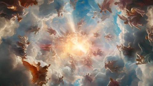Radiant celestial host ascends toward a blazing divine light.