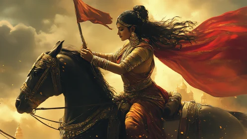 Warrior Queen Riding Horse in Dramatic Sunset, Epic Digital Art.