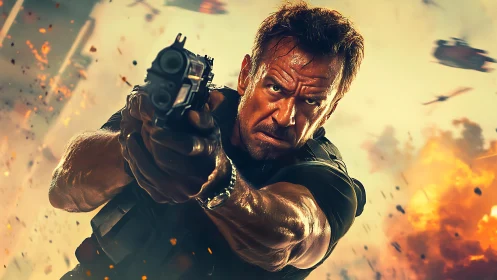 Armed soldier aiming handgun amid airborne explosions.