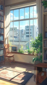 Sunlit city window cradling books, green leaves, and quiet air.