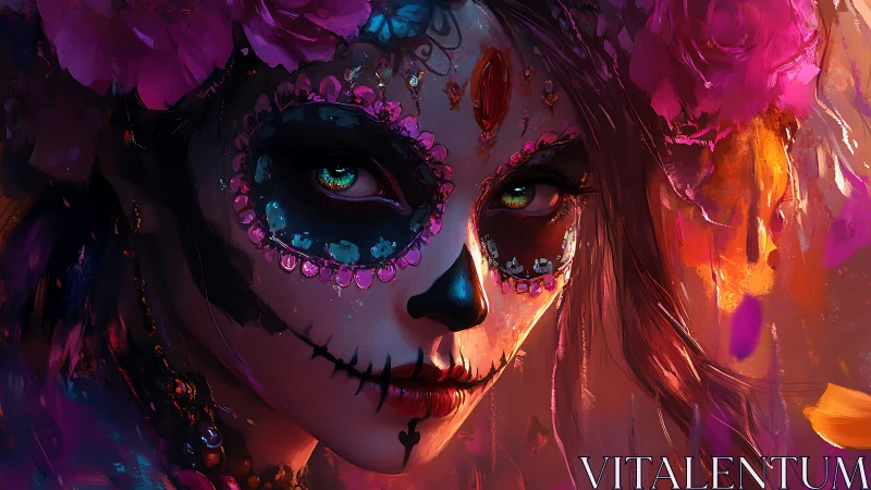 Vibrant sugar skull beauty glowing in festival lights.