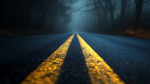 Wet asphalt road converges into fog under moody blue light