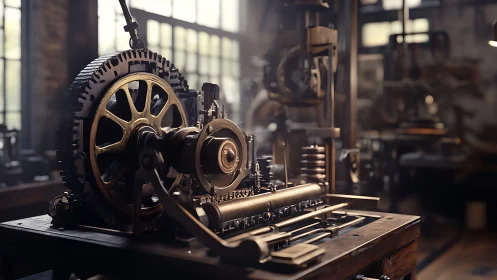 Steam-born brass engine hums in sunlit workshop hush.