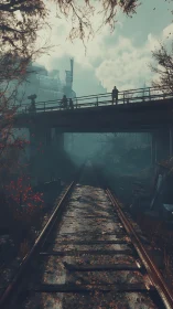 Deserted rail bridge cuts through misty postwar ruins.