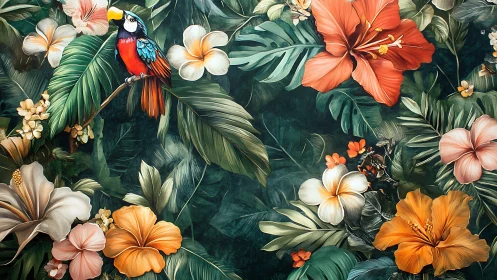Tropical parrot rests amid lush hibiscus jungle blooms.