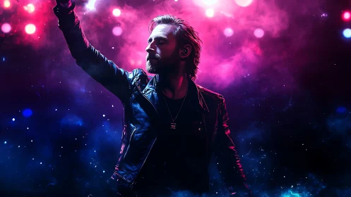 Rock performer reaching into neon colored concert lights.