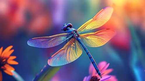 Colorful dragonfly with glowing wings over soft flowers.