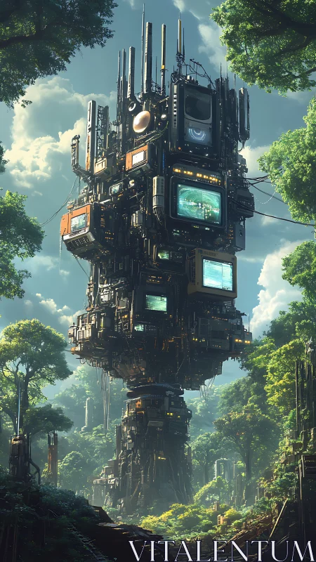 Vertical techno-monolith rising through reclaimed rainforest.