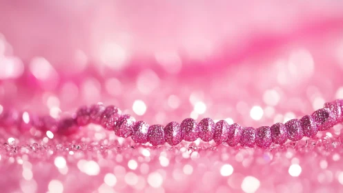 Glittering pink bead strand amid dreamy bokeh field.