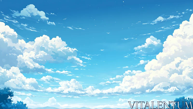 Digital illustration shows cumulus cloud formations in blue sky