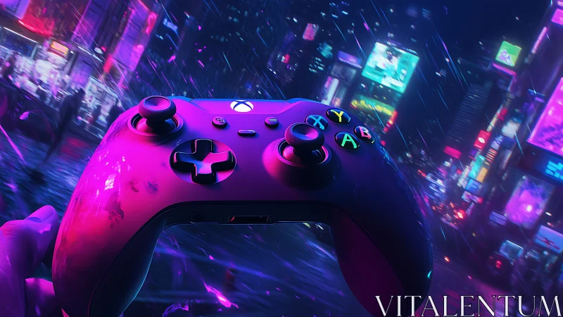 Neon city lights glow around a bold gaming controller hero