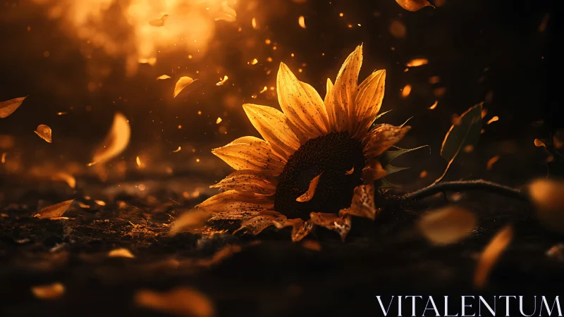 Sunflower glows in ember-like light as petals drift away.