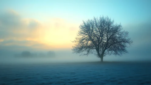 Solitary winter tree stands in mist at tranquil sunrise
