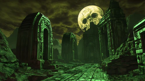Moonlit skull eclipse looms above haunted green ruins tonight